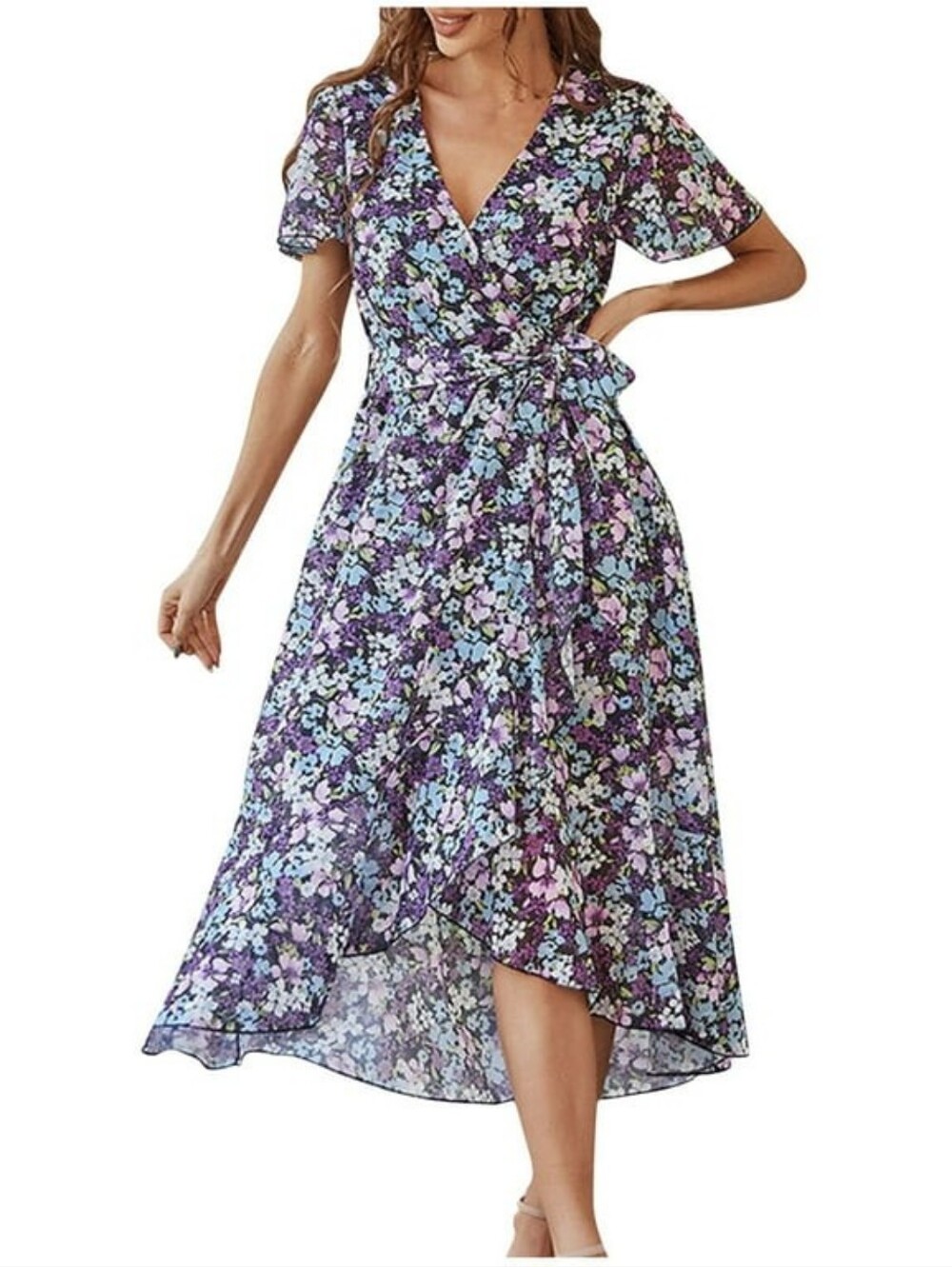 Prettygarden Purple And Blue Floral Faux Wrap Dress, Size XL